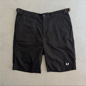 Fred Perry Shorts 32 Men's Small Black Chino Logo Preppy Adjustable 9"